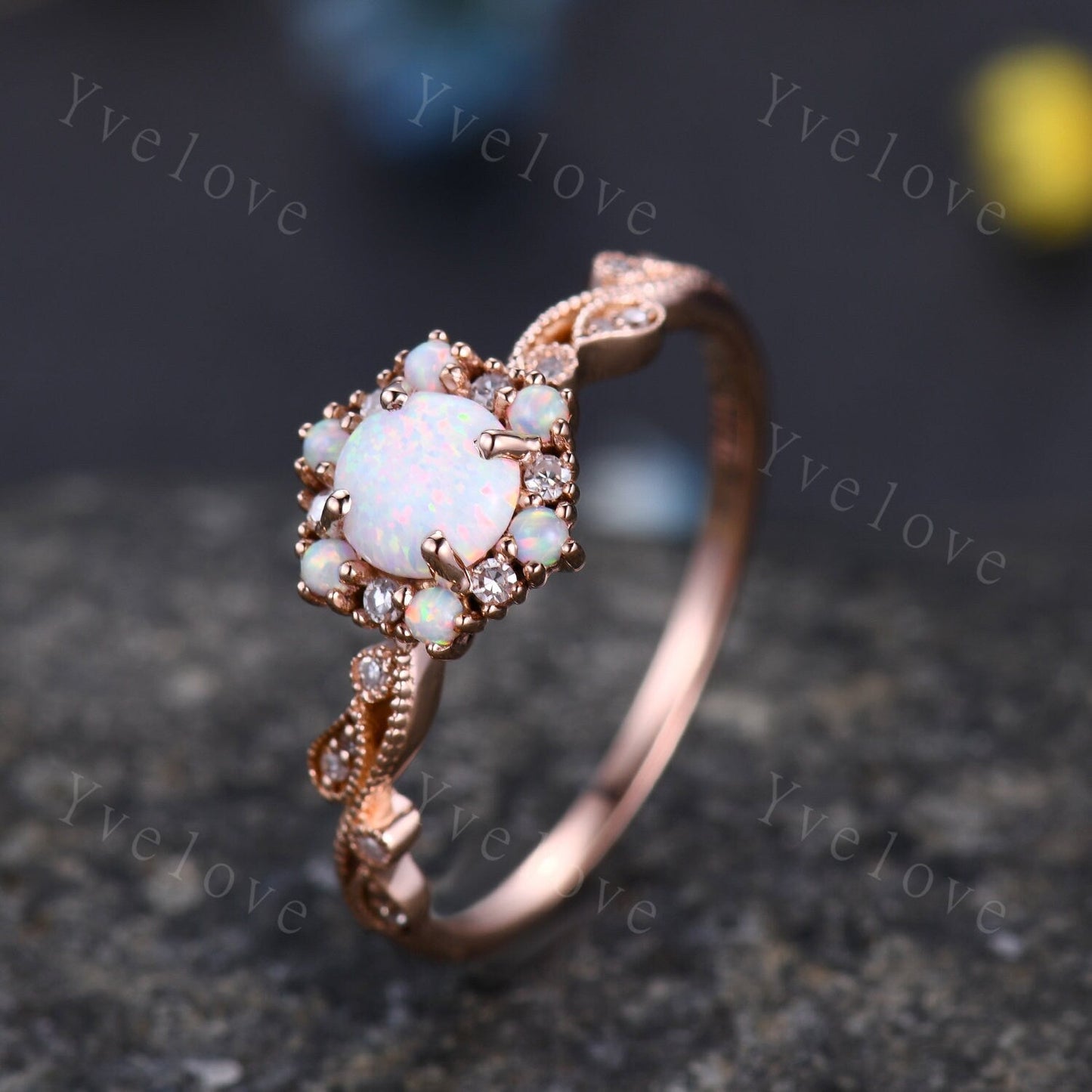 Vintage Opal Engagement Ring Rose Gold  White Opal Diamond Wedding Ring Bridal Ring October Birthstone For Women Promise Anniversary Gift