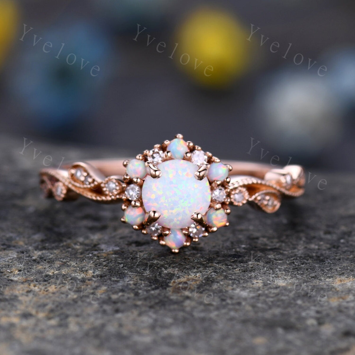 Vintage Opal Engagement Ring Rose Gold  White Opal Diamond Wedding Ring Bridal Ring October Birthstone For Women Promise Anniversary Gift