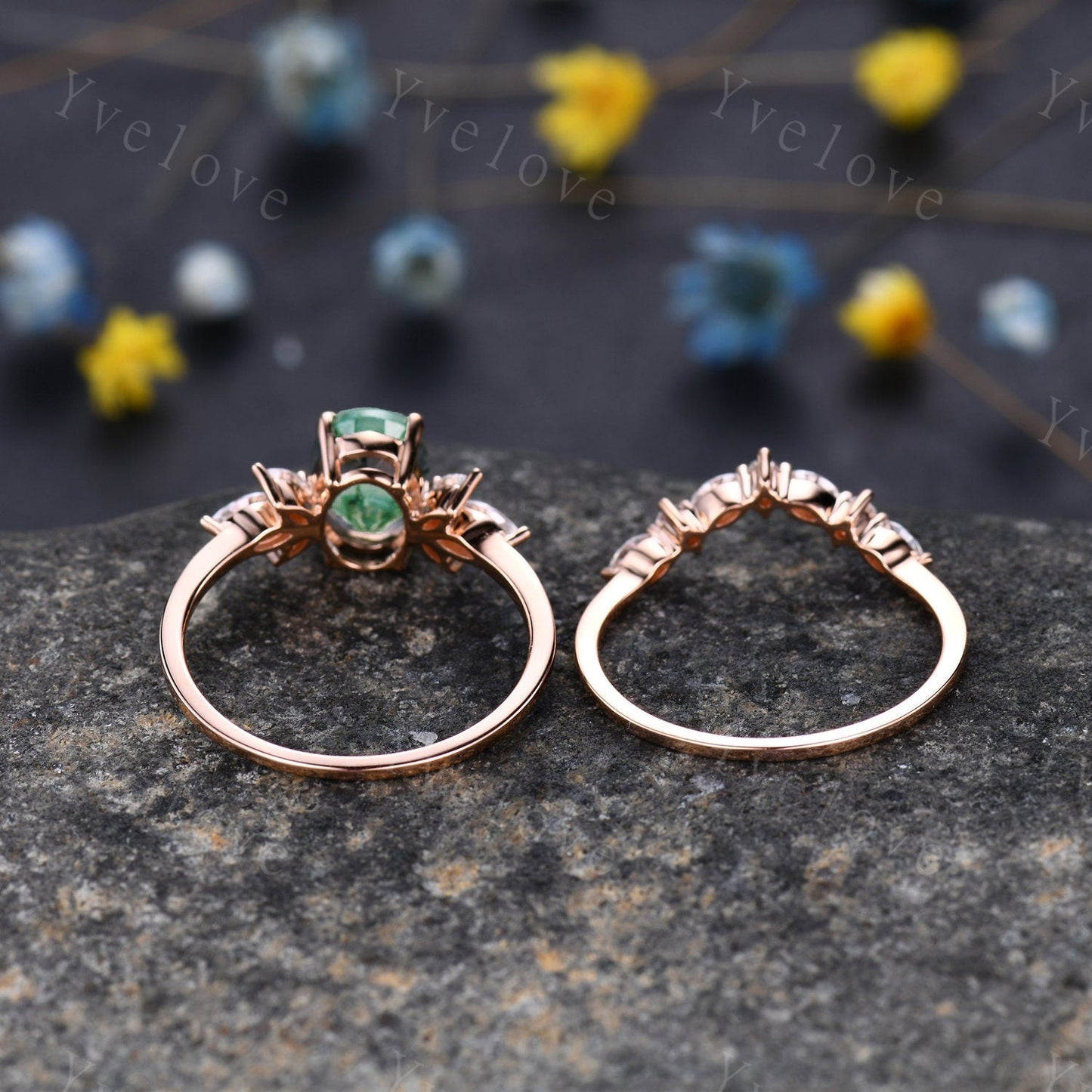 Moss Agate Engagement Ring Set Women Stacking Matching Band Diamond/Moissanite Eternity Ring Unique Vintage Floral Design Promise Gift