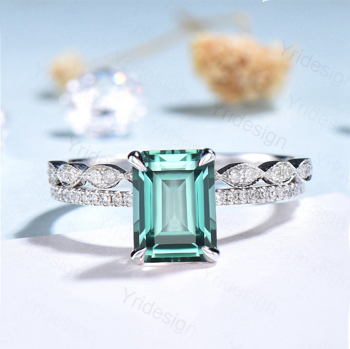 Emerald Cut Lab Green Sapphire Engagement Ring Set, White Gold