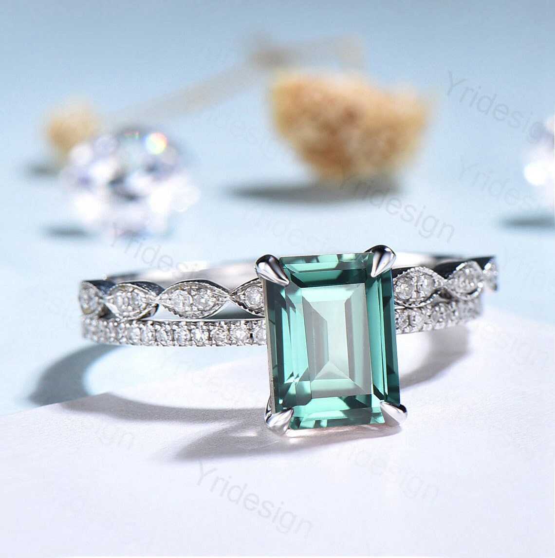 Emerald Cut Lab Green Sapphire Engagement Ring Set, White Gold