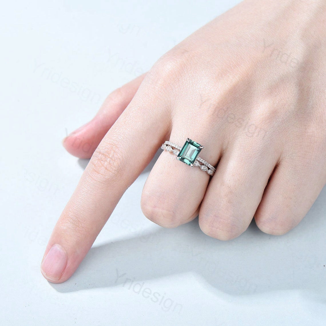 Emerald Cut Lab Green Sapphire Engagement Ring Set, White Gold