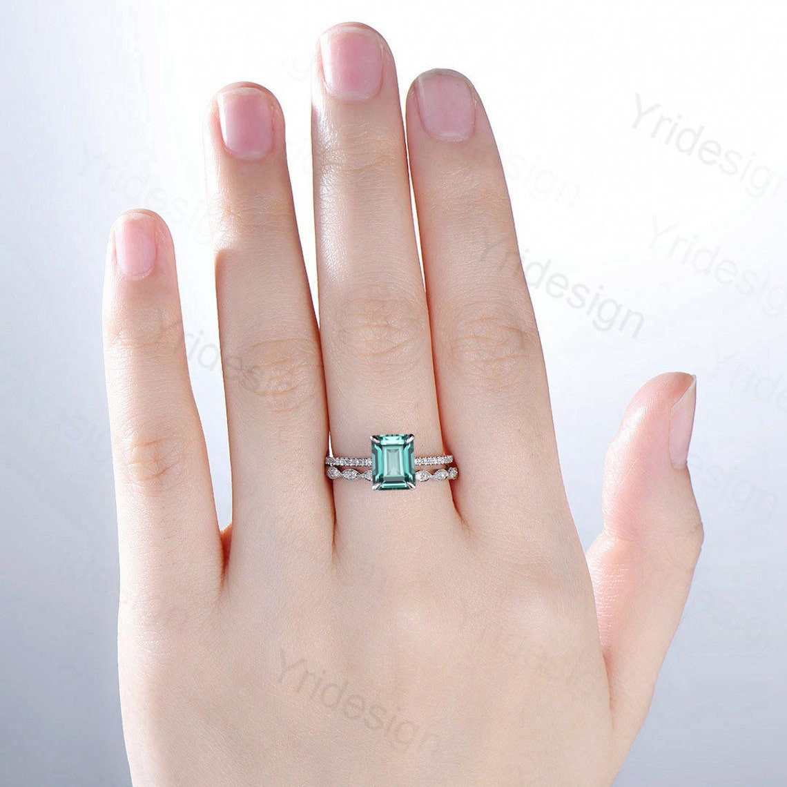 Emerald Cut Lab Green Sapphire Engagement Ring Set, White Gold