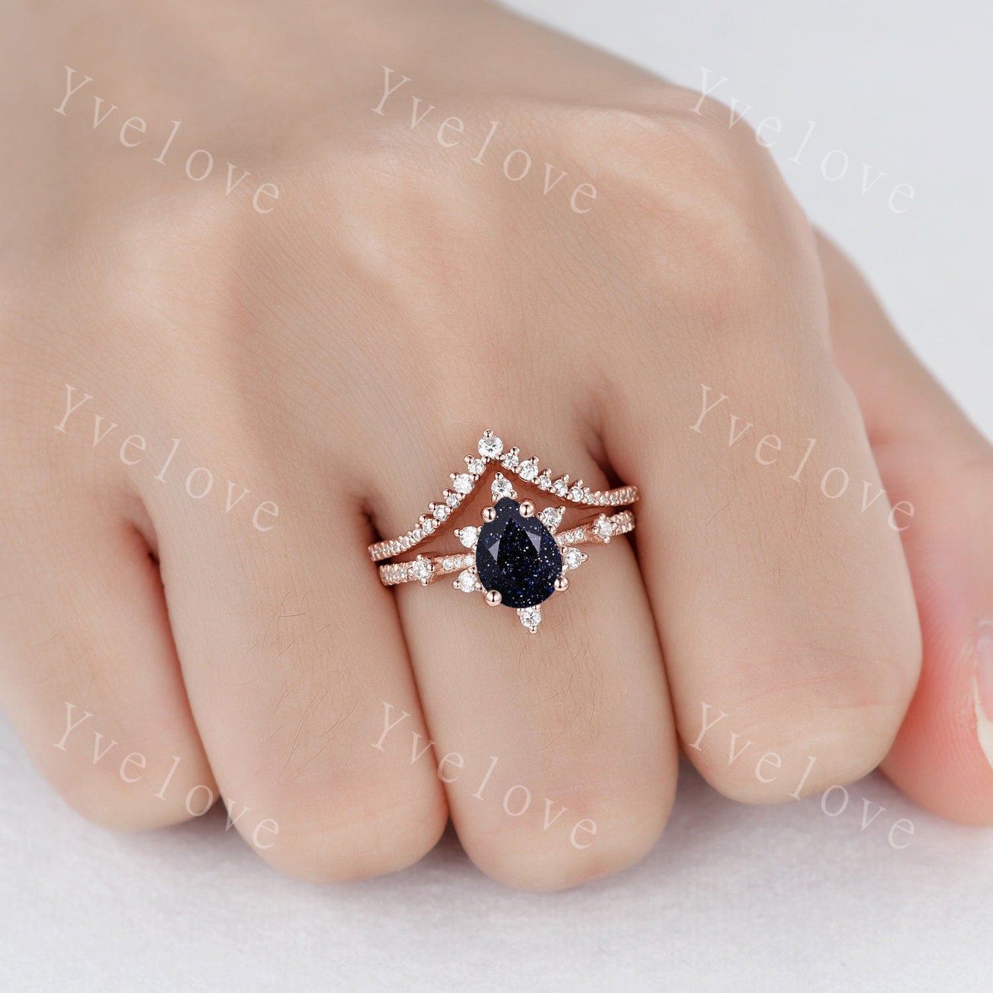 Vintage Blue Sandstone Ring Engagement Ring Set,Pear Cut Bridal Set ,925 Sterling silver Half Eternity Band