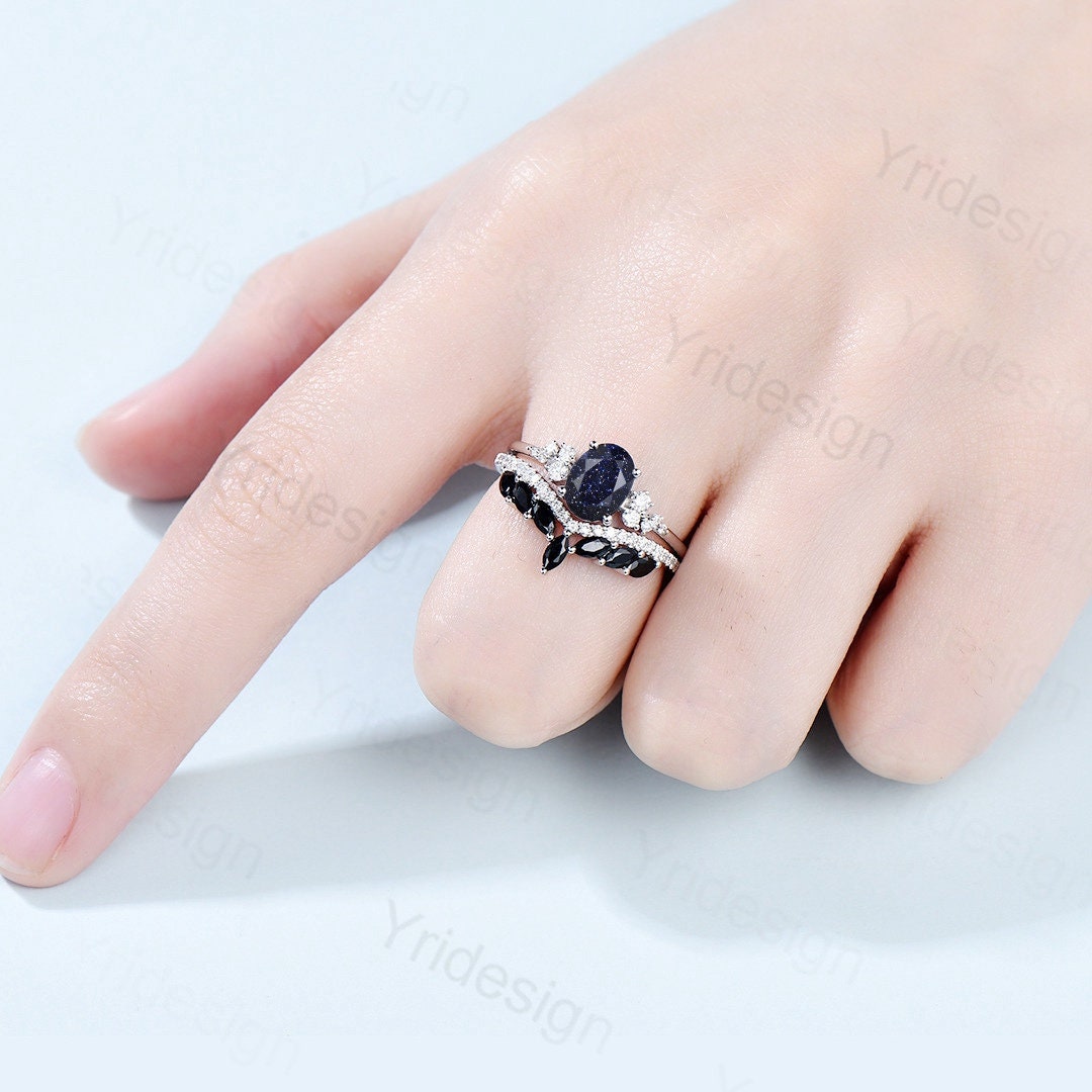 Oval Blue Sandstone Engagement Ring Set, 14k Rose Gold, Black Diamond & Moissanite