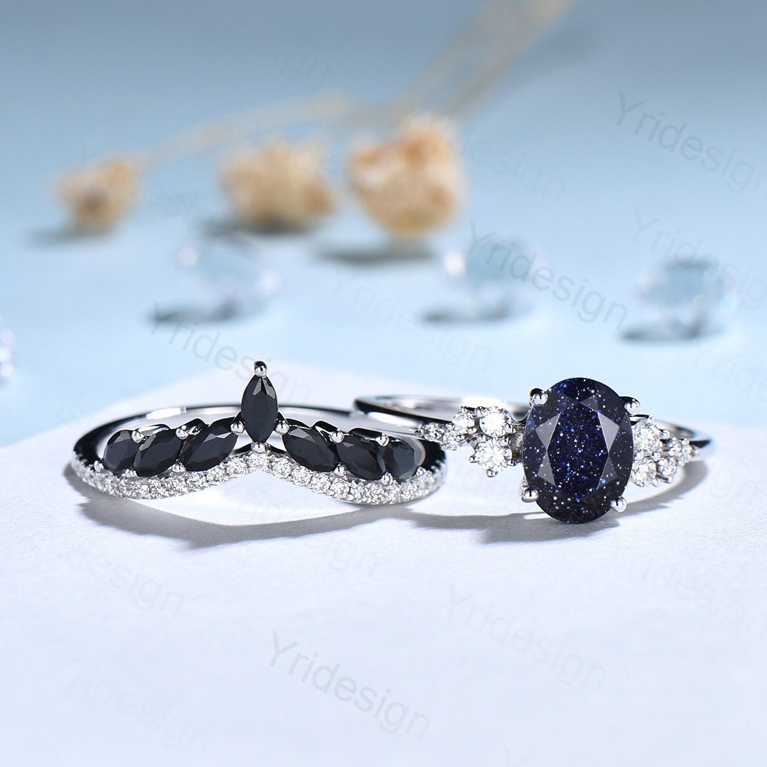 Oval Blue Sandstone Engagement Ring Set, 14k Rose Gold, Black Diamond & Moissanite