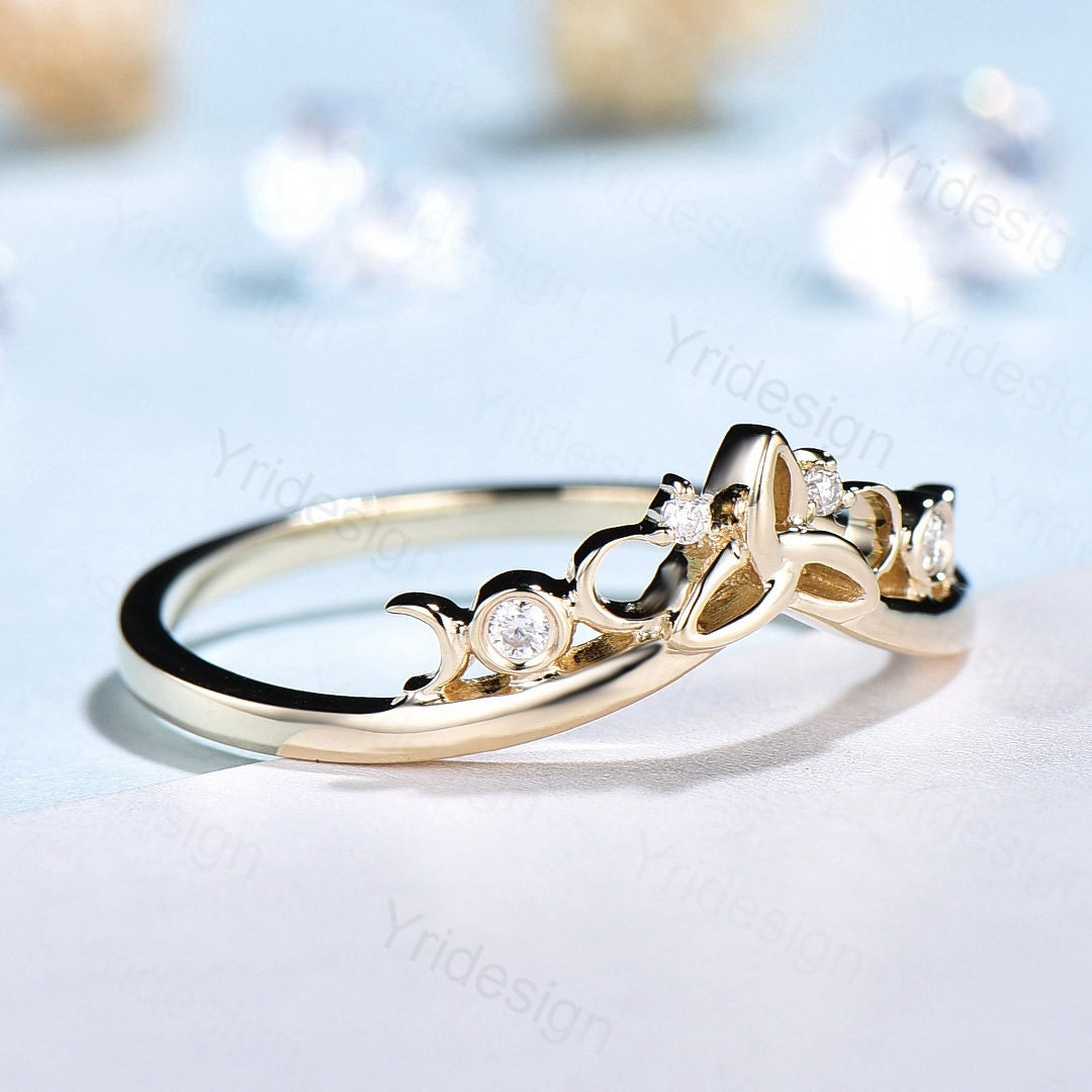 Celtic Knot Norse Viking diamond wedding band women-unique curved wedding band yellow gold- Matching stacking band anniversary ring