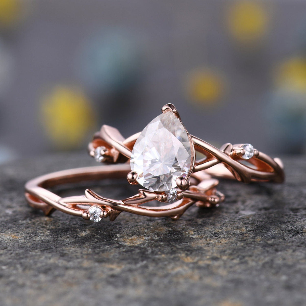 Unique Teardrop Moissanite Ring Set,Vintage Twig Diamond Engagement Ring Set,Branch Ring Set Gold,Twisted Ring Bridal Set,Dainty Ring Set