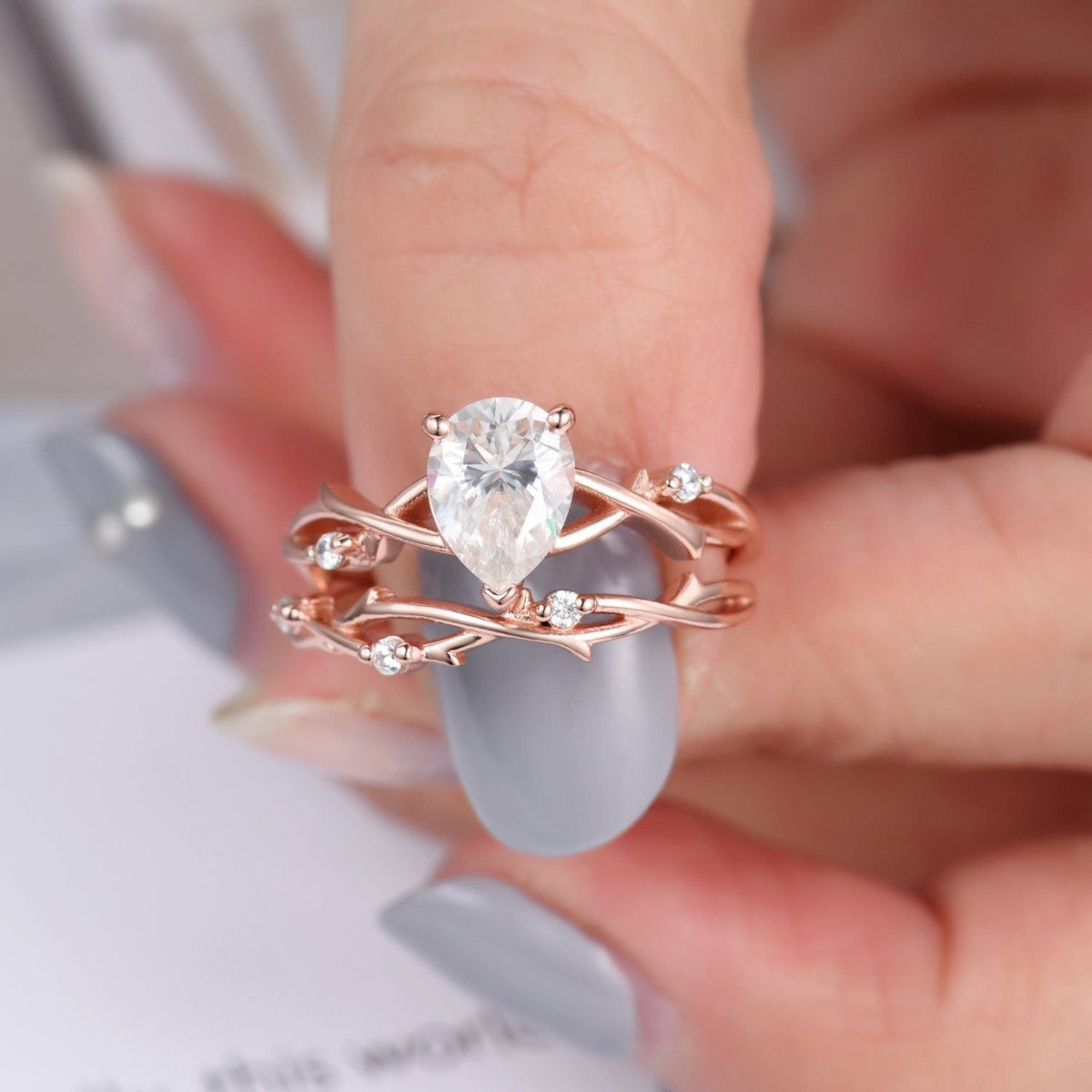 Unique Teardrop Moissanite Ring Set,Vintage Twig Diamond Engagement Ring Set,Branch Ring Set Gold,Twisted Ring Bridal Set,Dainty Ring Set