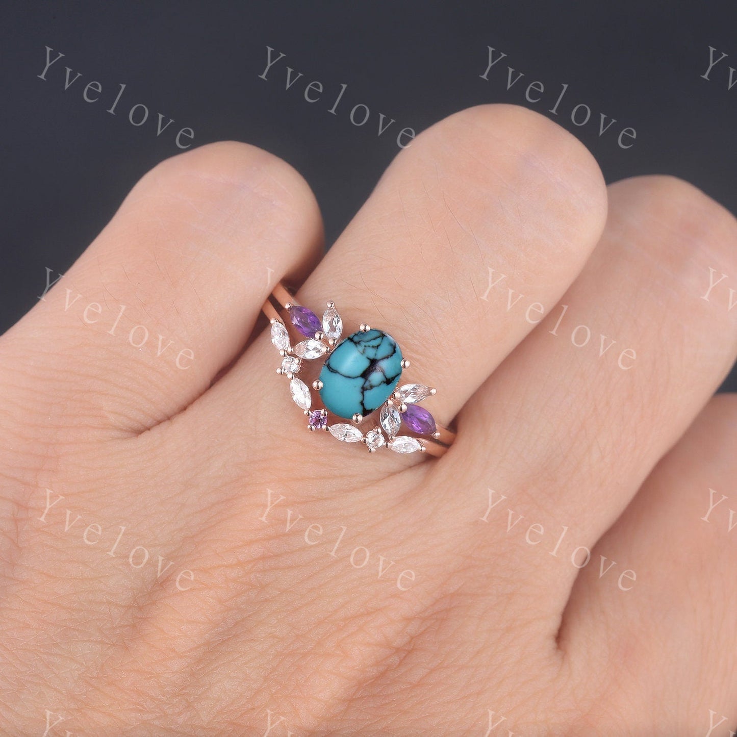 Vintage Oval Turquoise Engagement Ring Set Rose Gold Women Moissanite Amethyst Gem Matching Band December birthstone Valentines day gift