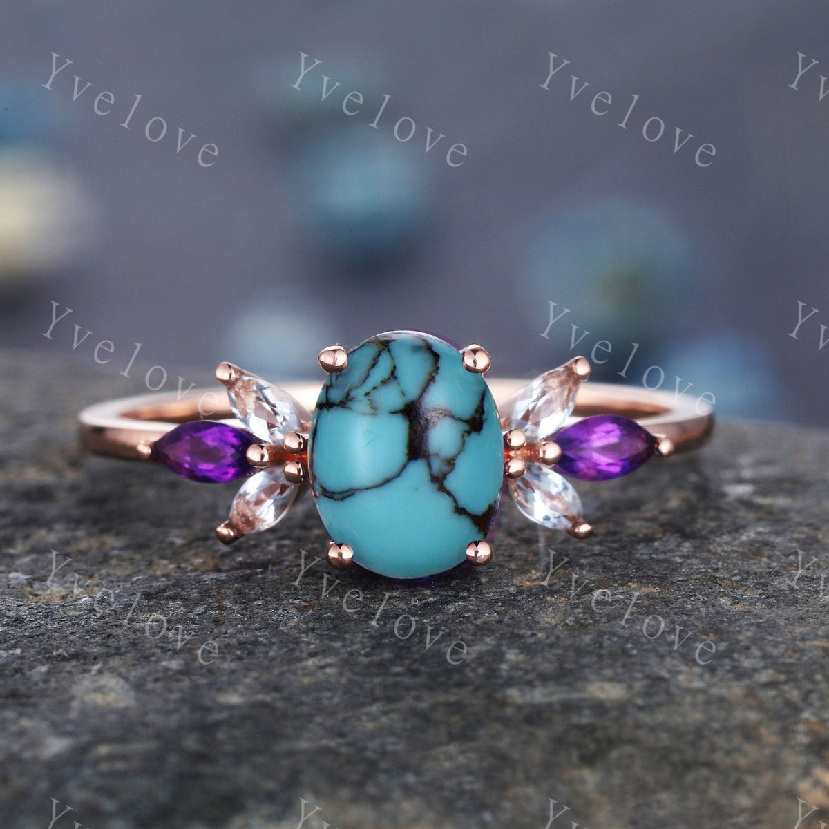 Vintage Oval Turquoise Engagement Ring Set Rose Gold Women Moissanite Amethyst Gem Matching Band December birthstone Valentines day gift