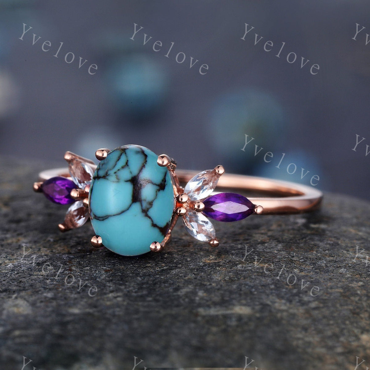 Vintage Oval Turquoise Engagement Ring Set Rose Gold Women Moissanite Amethyst Gem Matching Band December birthstone Valentines day gift