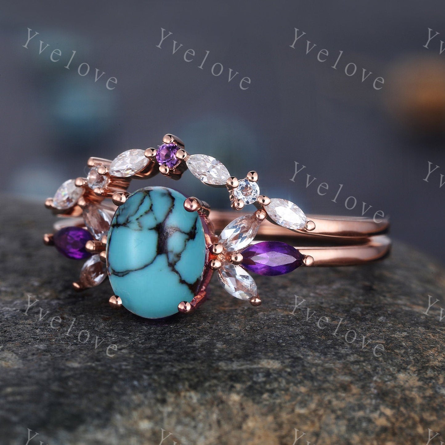 Vintage Oval Turquoise Engagement Ring Set Rose Gold Women Moissanite Amethyst Gem Matching Band December birthstone Valentines day gift