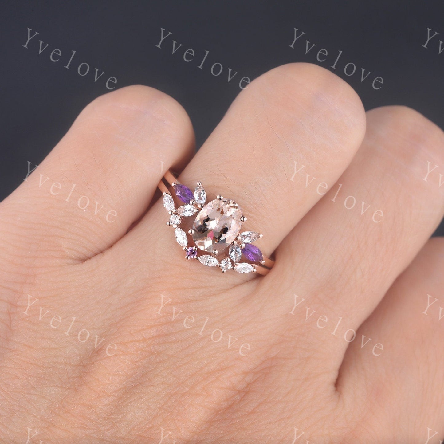 Vintage Morganite Engagement Ring Set Rose Gold Women Moissanite Amethyst Gem Matching Band Bridal Stacking Ring Set Valentines day gift