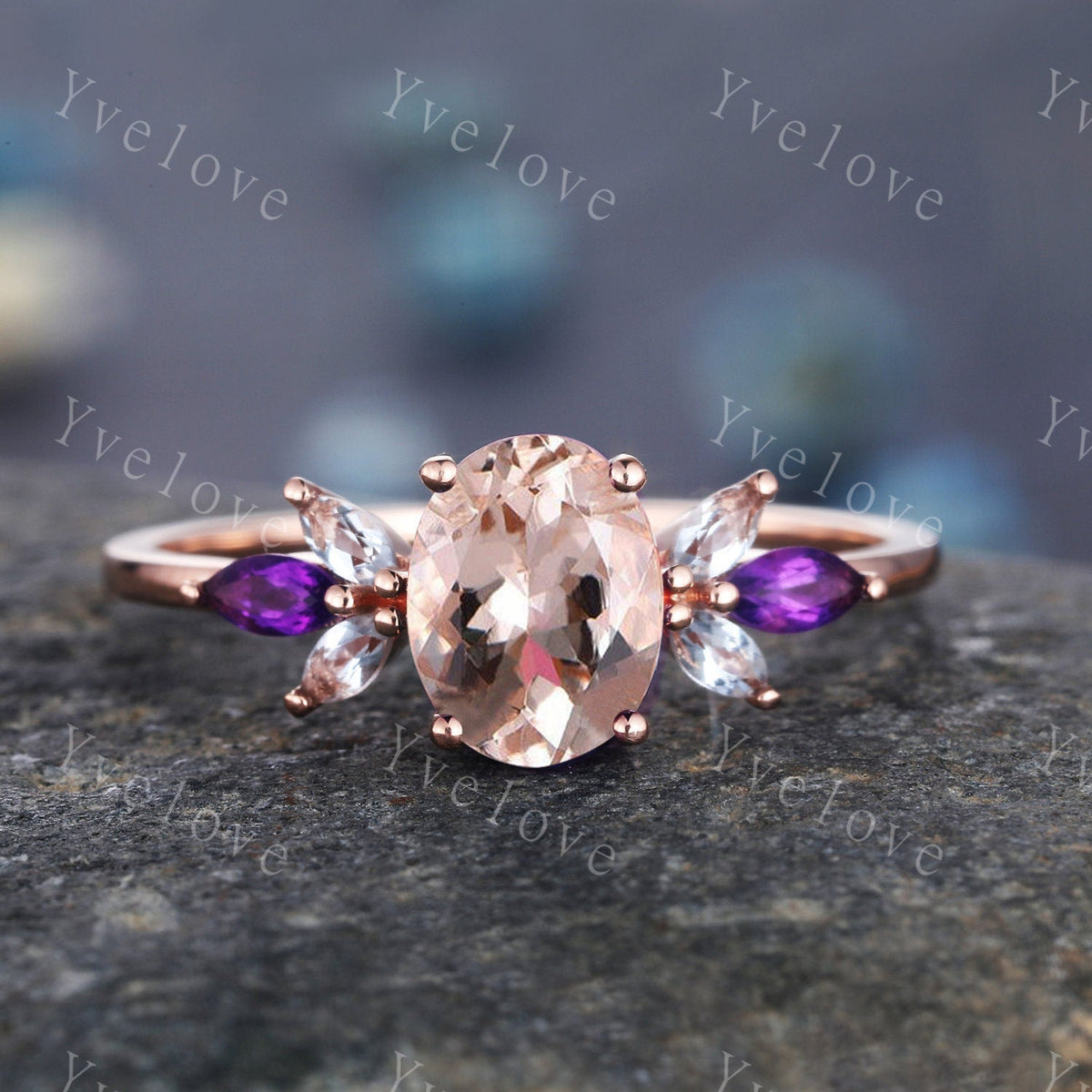 Vintage Morganite Engagement Ring Set Rose Gold Women Moissanite Amethyst Gem Matching Band Bridal Stacking Ring Set Valentines day gift