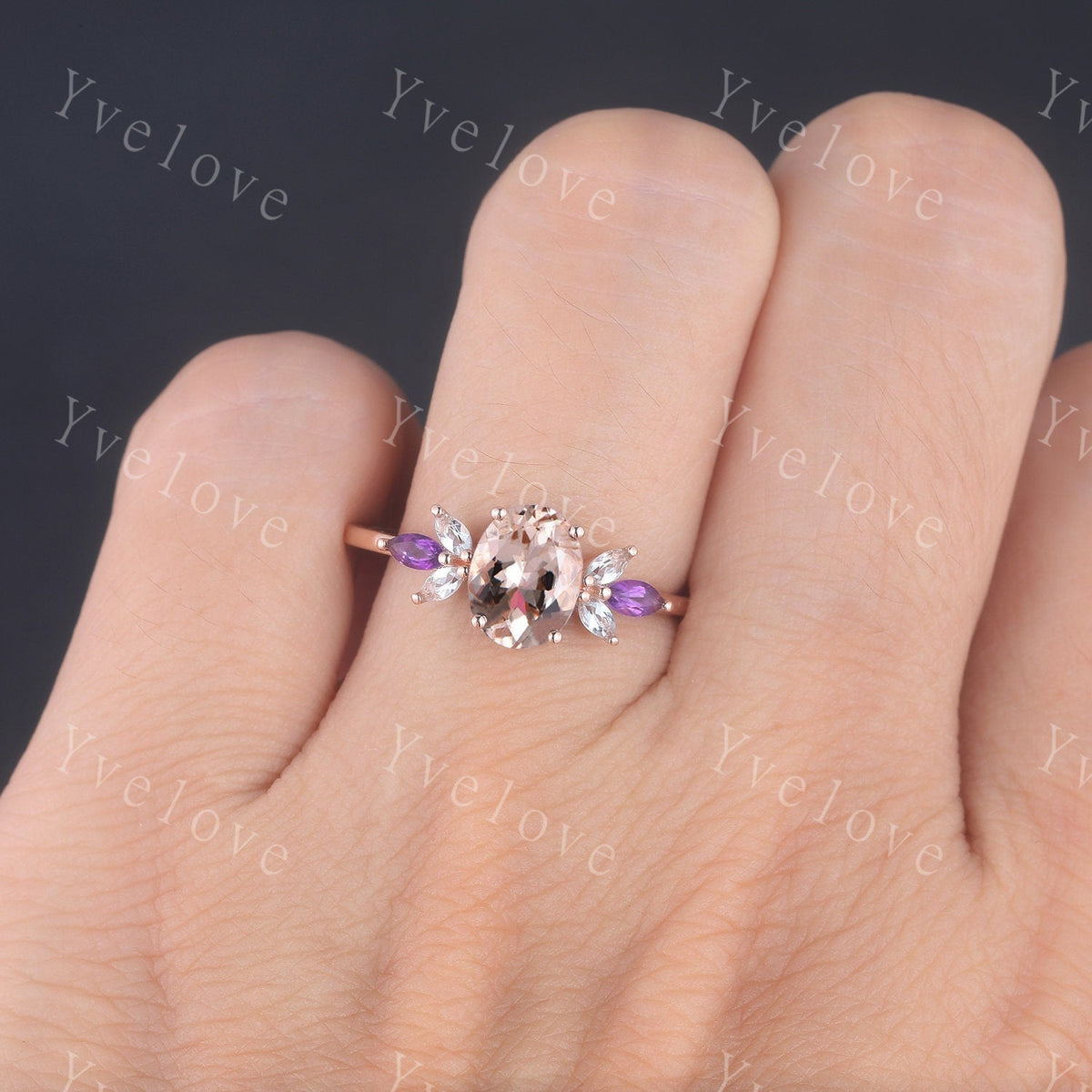 Vintage Morganite Engagement Ring Set Rose Gold Women Moissanite Amethyst Gem Matching Band Bridal Stacking Ring Set Valentines day gift