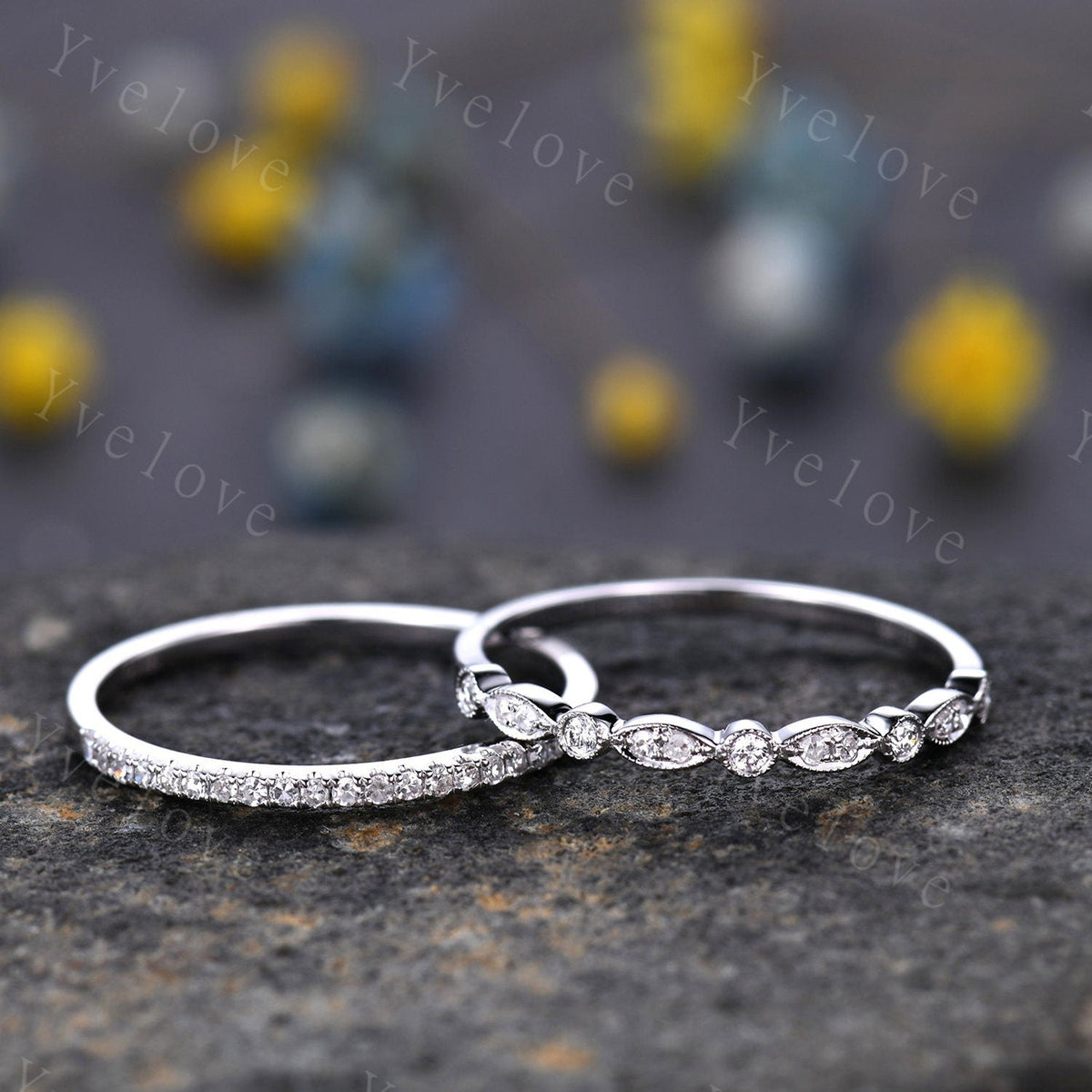 Diamond wedding ring set diamond wedding band solid 14k white gold half eternity ring milgrain wedding band stacking matching band