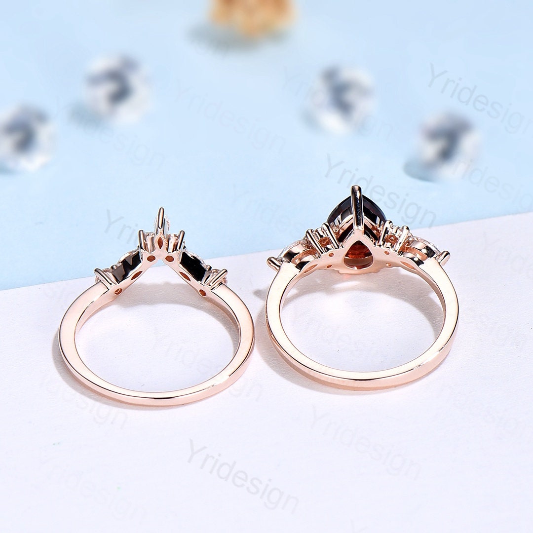 Vintage pear shaped garnet engagement ring set 14k rose gold marquise cut moissanite ring for women unique bridal wedding ring set
