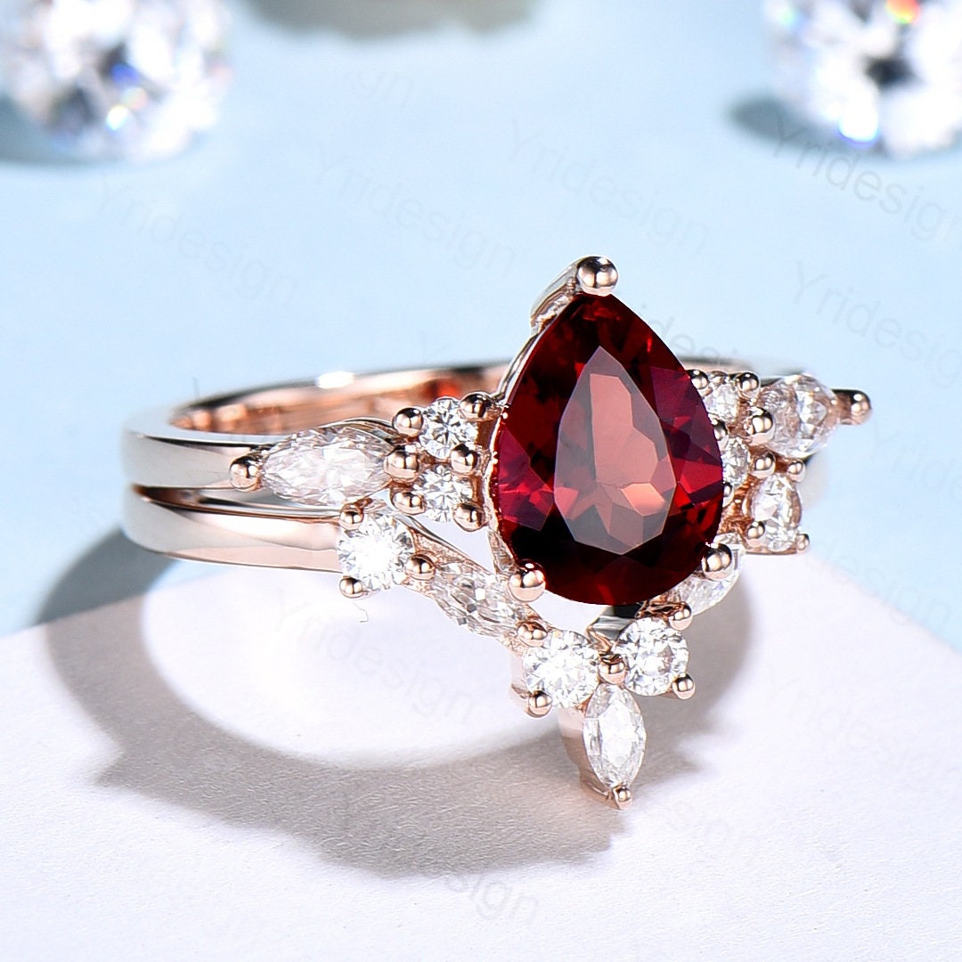 Vintage pear shaped garnet engagement ring set 14k rose gold marquise cut moissanite ring for women unique bridal wedding ring set