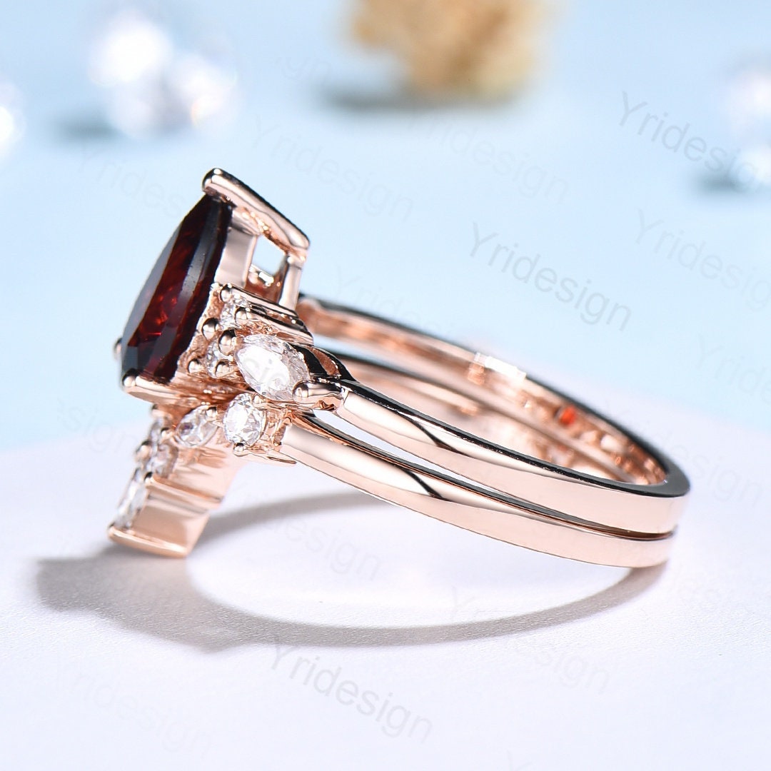 Vintage pear shaped garnet engagement ring set 14k rose gold marquise cut moissanite ring for women unique bridal wedding ring set