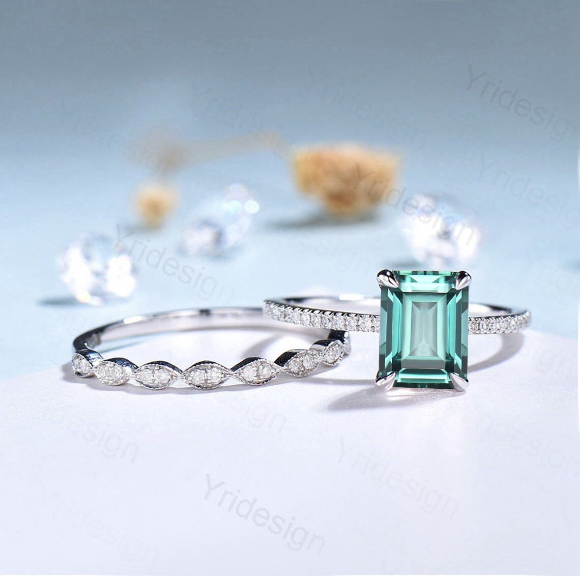 Emerald Cut Lab Green Sapphire Engagement Ring Set, White Gold