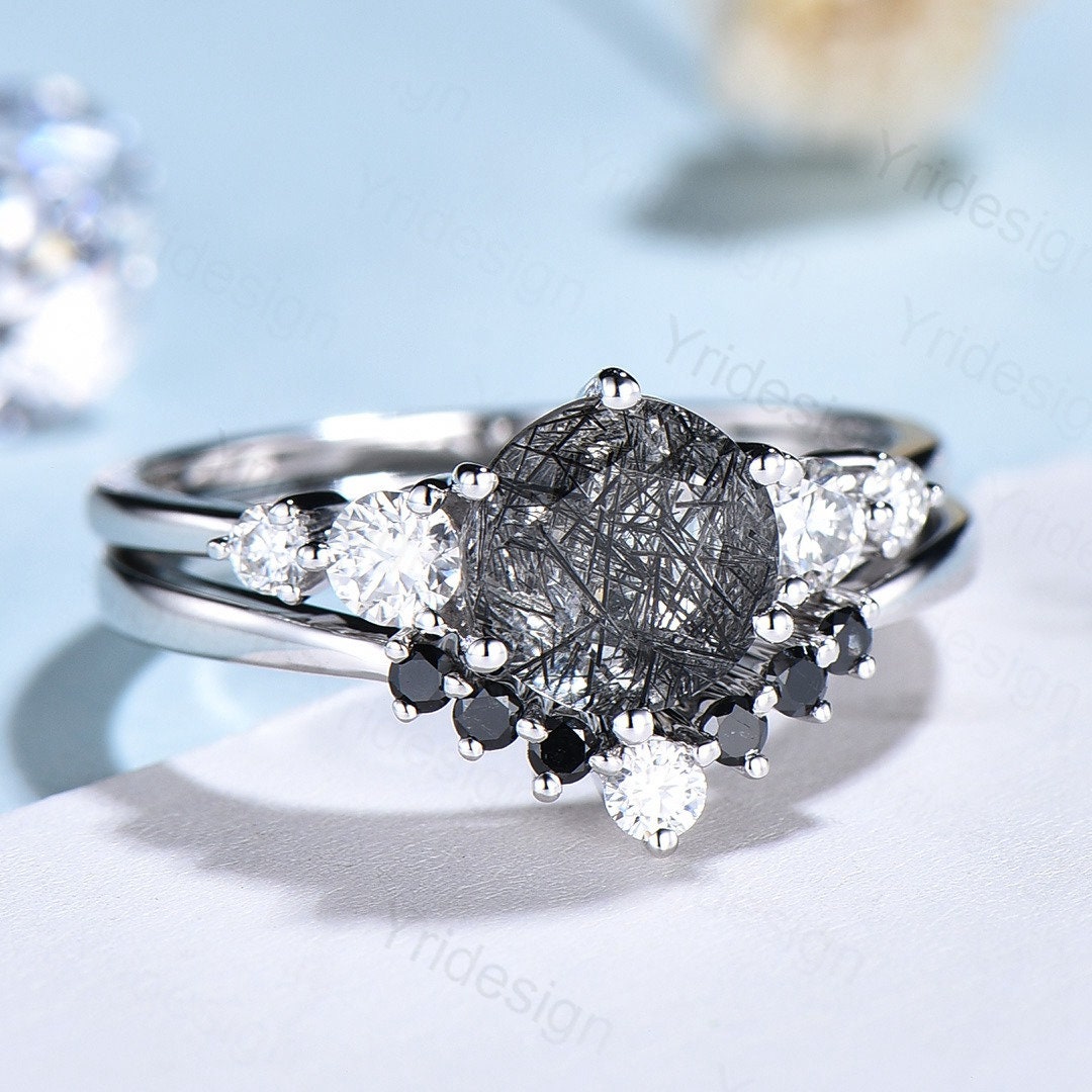 Unique black rutilated quartz engagement ring set Five stone black tourmaline wedding ring set for women Quartz crystal bridal brthday gift