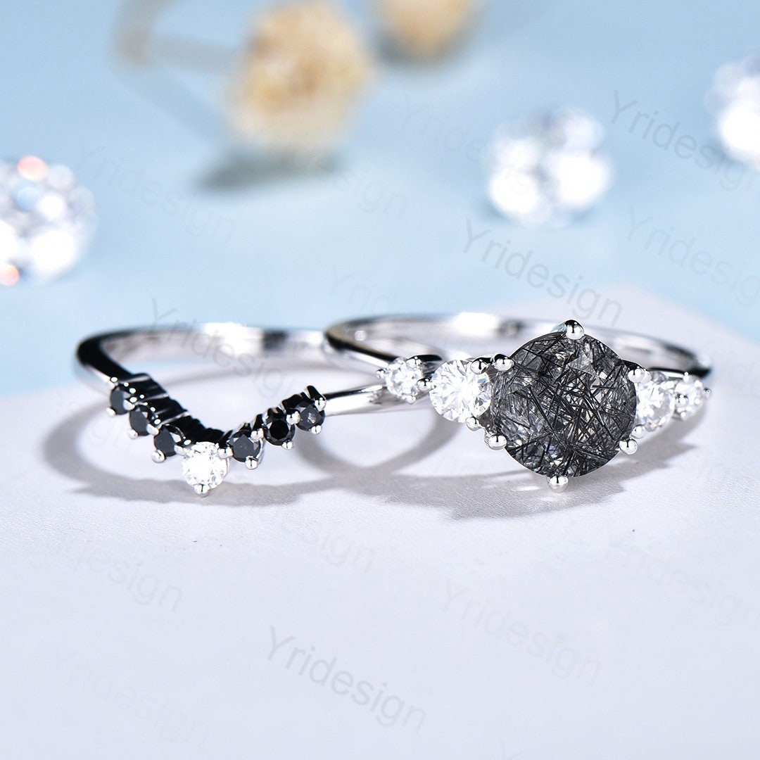 Unique black rutilated quartz engagement ring set Five stone black tourmaline wedding ring set for women Quartz crystal bridal brthday gift