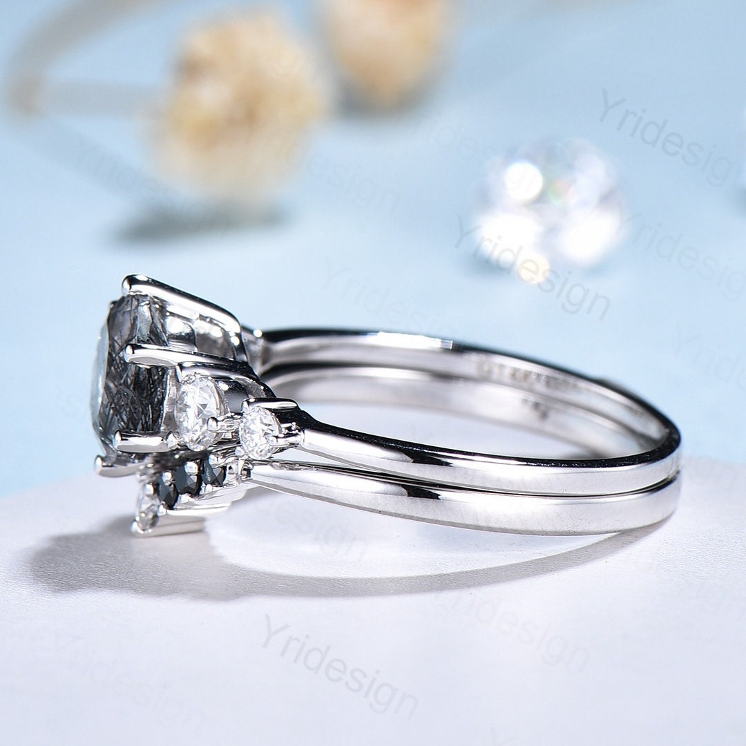 Unique black rutilated quartz engagement ring set Five stone black tourmaline wedding ring set for women Quartz crystal bridal brthday gift