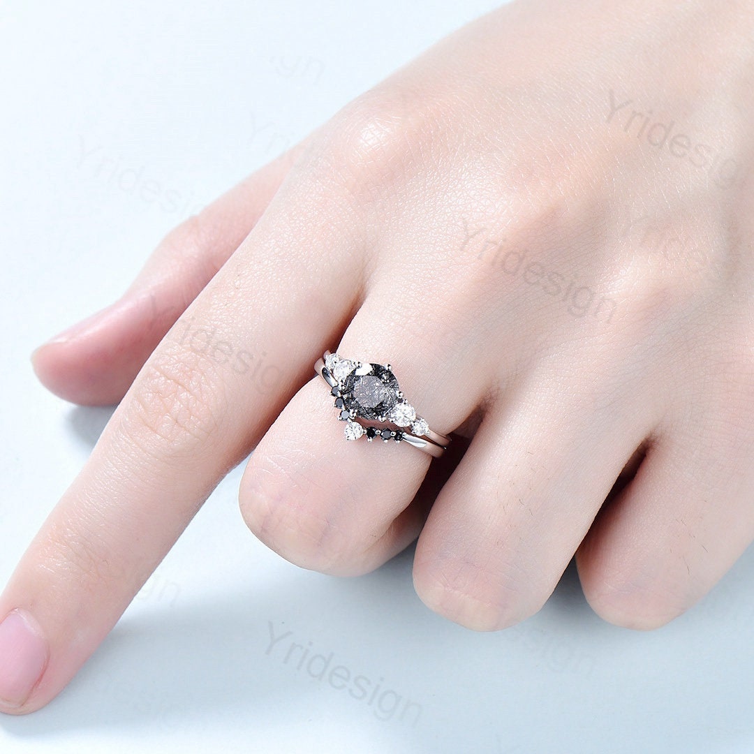 Unique black rutilated quartz engagement ring set Five stone black tourmaline wedding ring set for women Quartz crystal bridal brthday gift