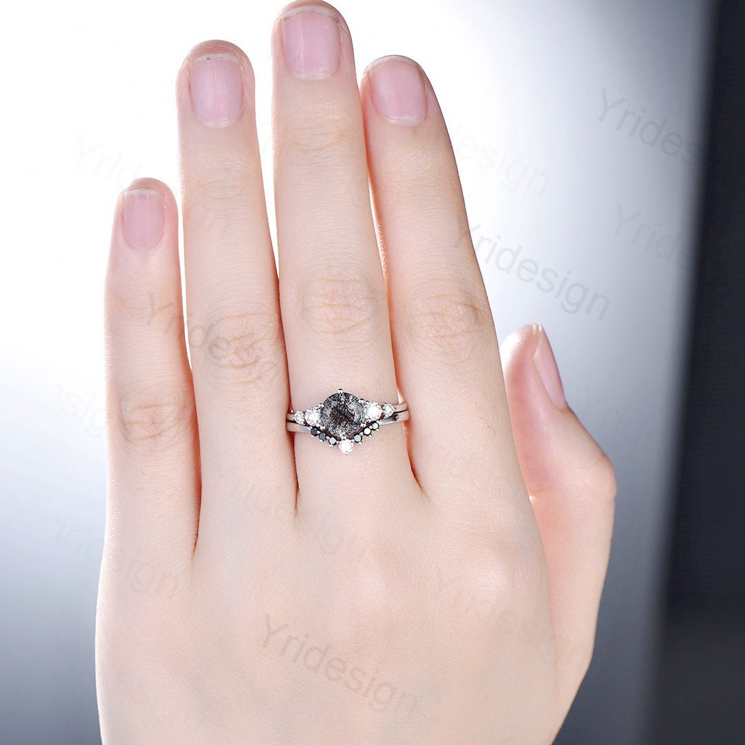 Unique black rutilated quartz engagement ring set Five stone black tourmaline wedding ring set for women Quartz crystal bridal brthday gift