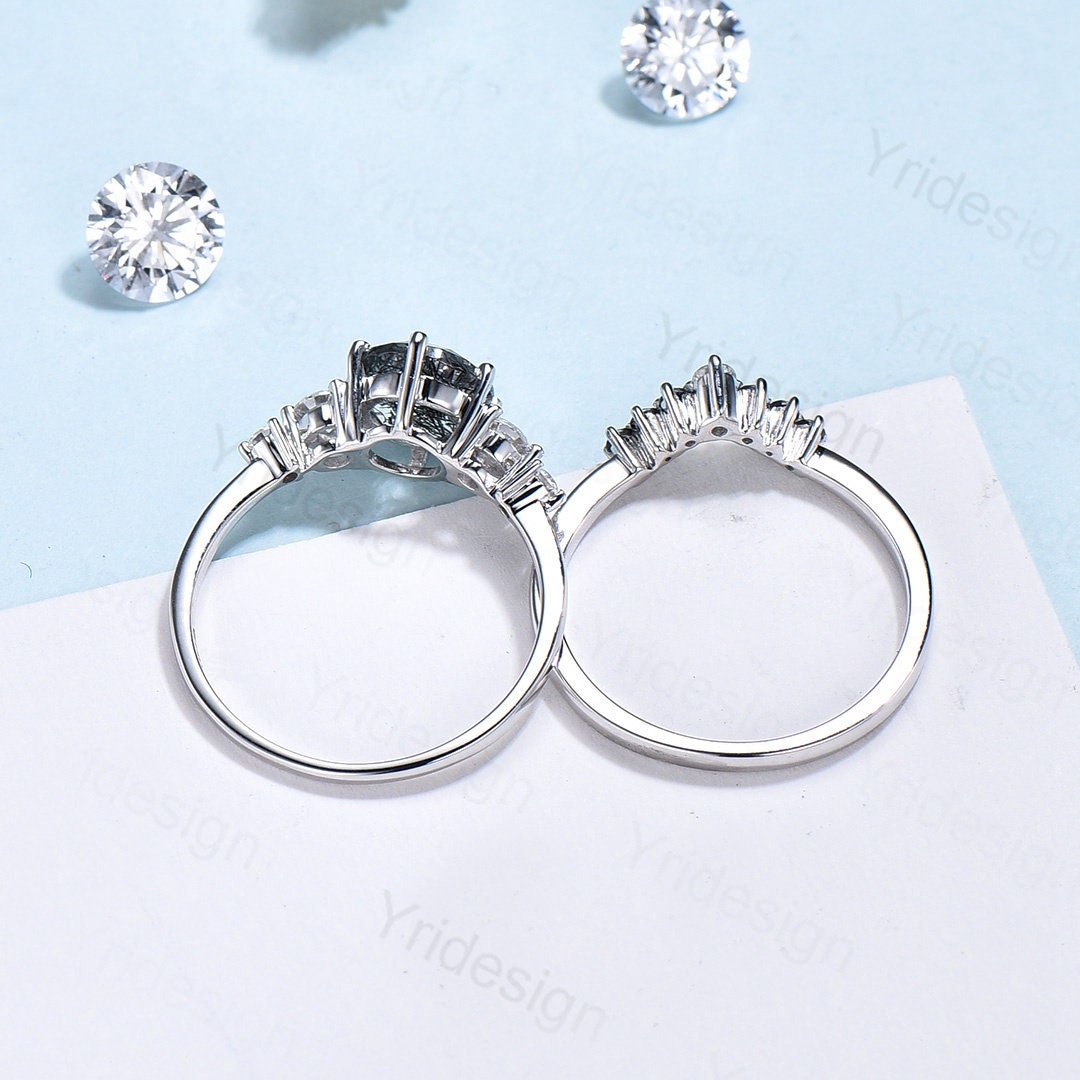 Unique black rutilated quartz engagement ring set Five stone black tourmaline wedding ring set for women Quartz crystal bridal brthday gift