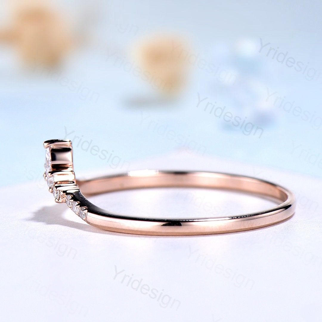 Curved wedding band rose gold marquise cut diamond Moissanite band Women Chevron Matching Stacking ring Unique band Promise Anniversary band