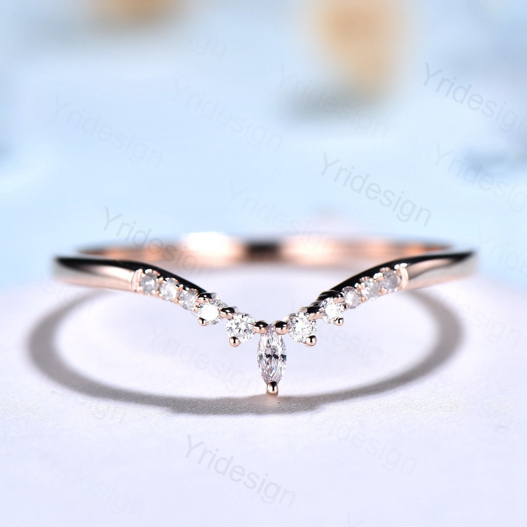 Curved wedding band rose gold marquise cut diamond Moissanite band Women Chevron Matching Stacking ring Unique band Promise Anniversary band