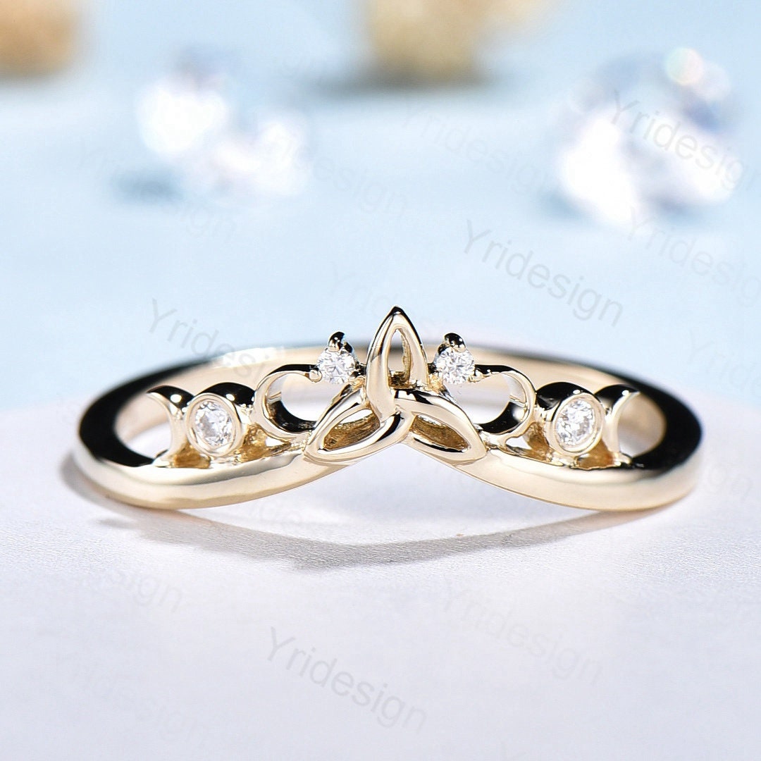 Celtic Knot Norse Viking diamond wedding band women-unique curved wedding band yellow gold- Matching stacking band anniversary ring