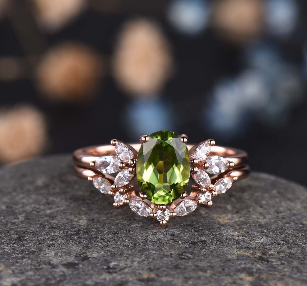 Moss Agate Engagement Ring Set Women Stacking Matching Band Diamond/Moissanite Eternity Ring Unique Vintage Floral Design Promise Gift