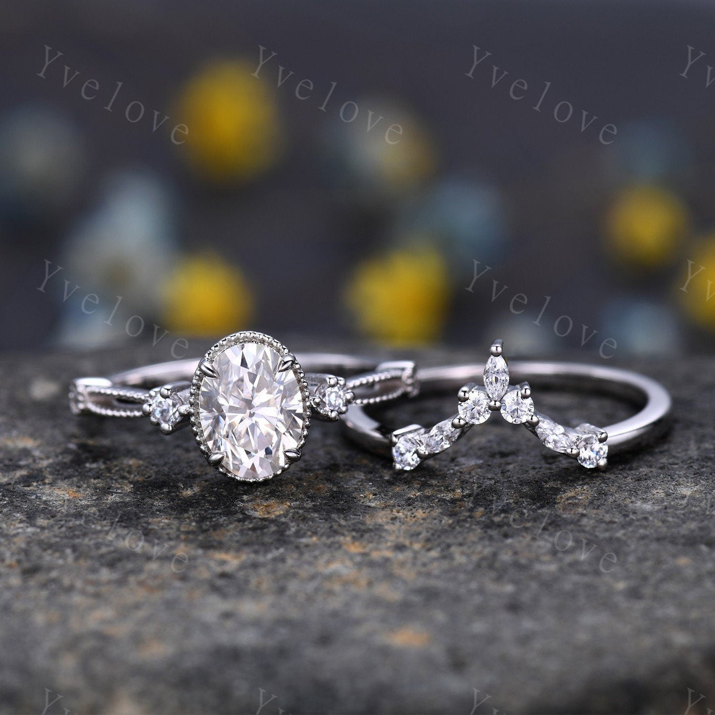Oval moissanite engagement ring set white gold vintage engagement ring unique cluster marquise diamond wedding anniversary women ring set