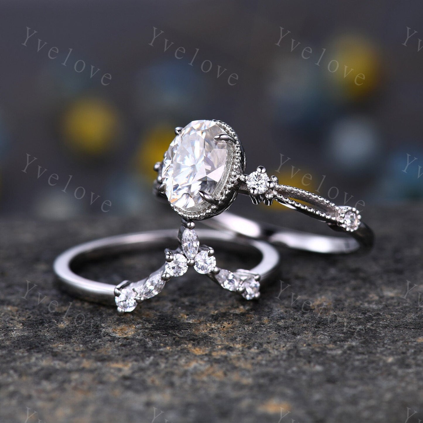 Oval moissanite engagement ring set white gold vintage engagement ring unique cluster marquise diamond wedding anniversary women ring set