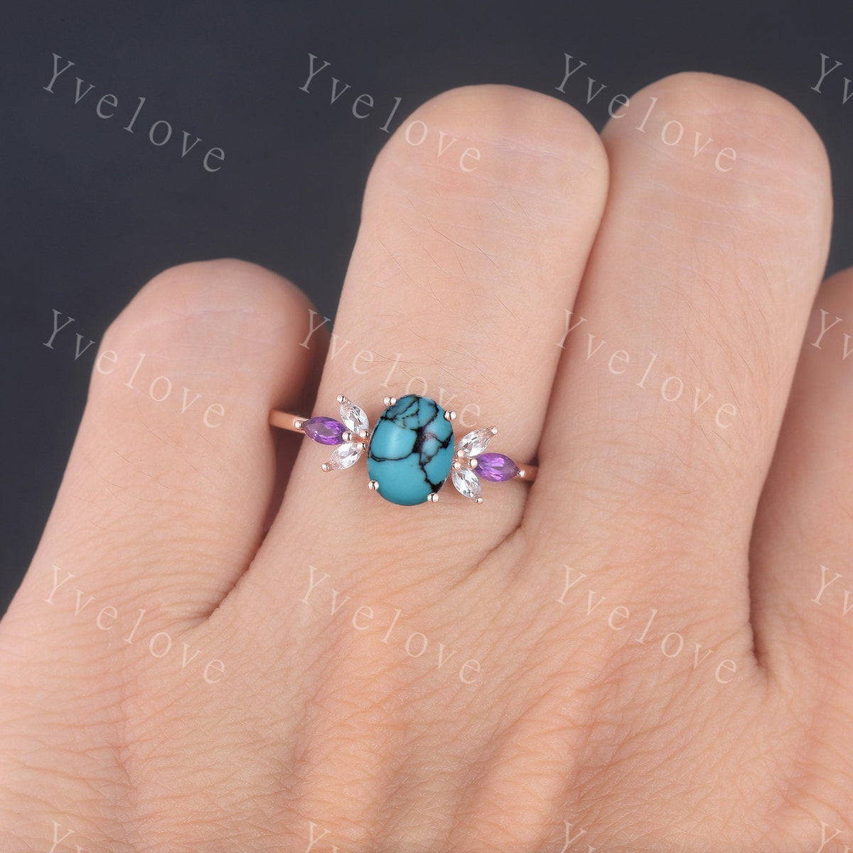 Vintage Oval Turquoise Engagement Ring Set Rose Gold Women Moissanite Amethyst Gem Matching Band December birthstone Valentines day gift