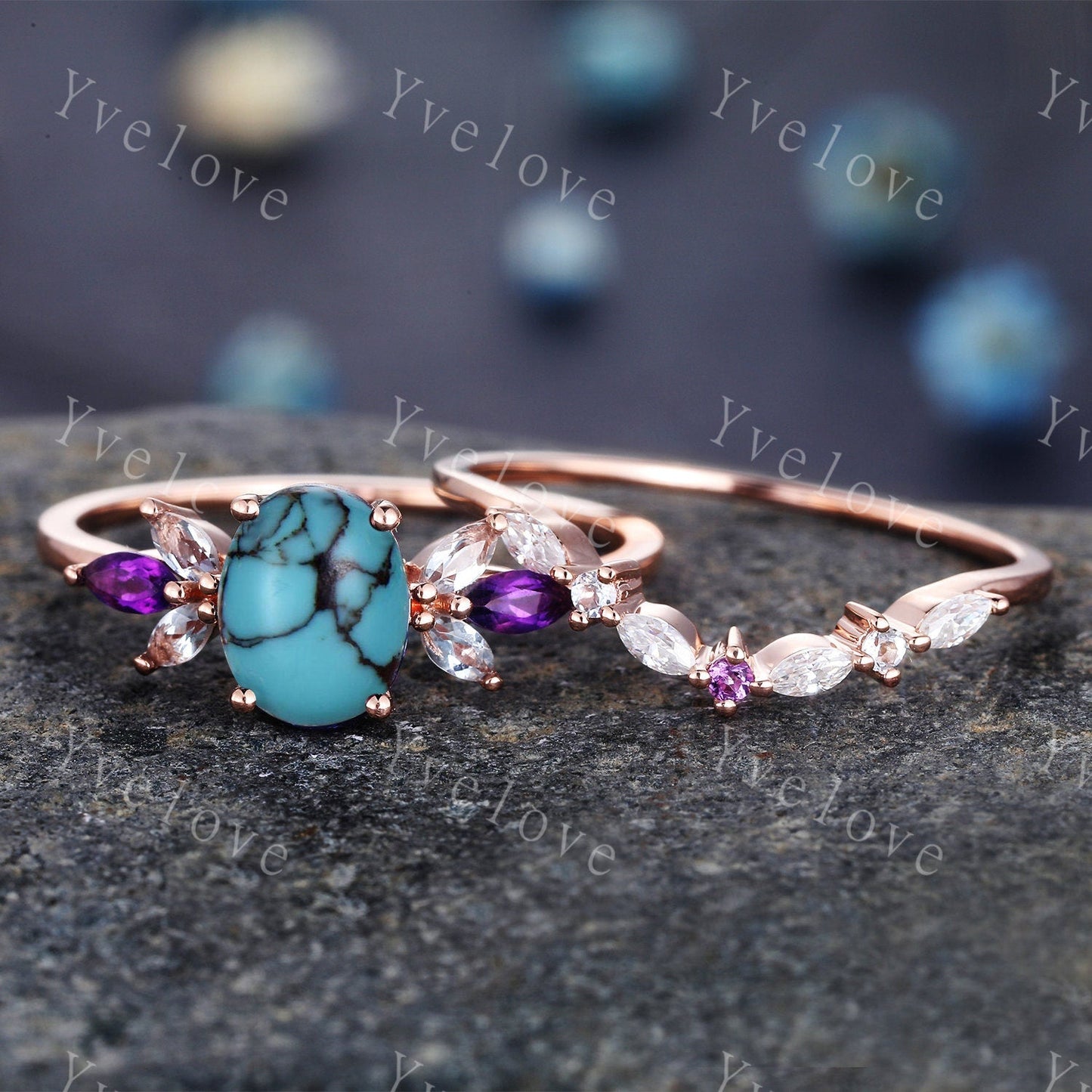 Vintage Oval Turquoise Engagement Ring Set Rose Gold Women Moissanite Amethyst Gem Matching Band December birthstone Valentines day gift