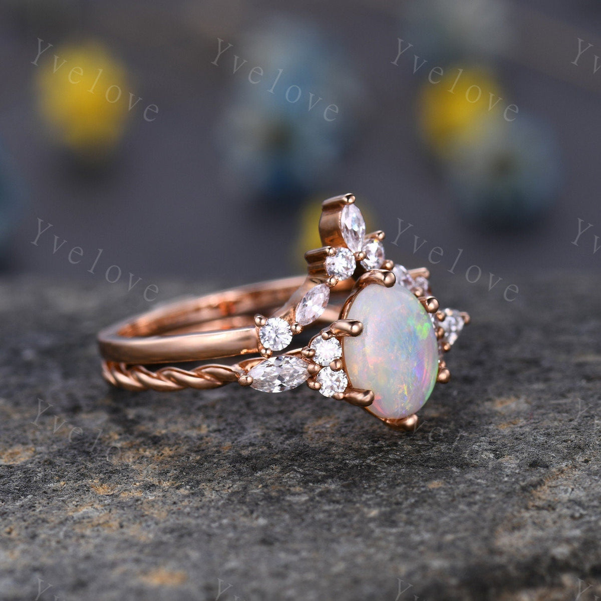 Vintage white opal Engagement Ring set,oval cut natural opal ring,twisted band,bridal ring set,V shaped curved band,moissanite ring wedding