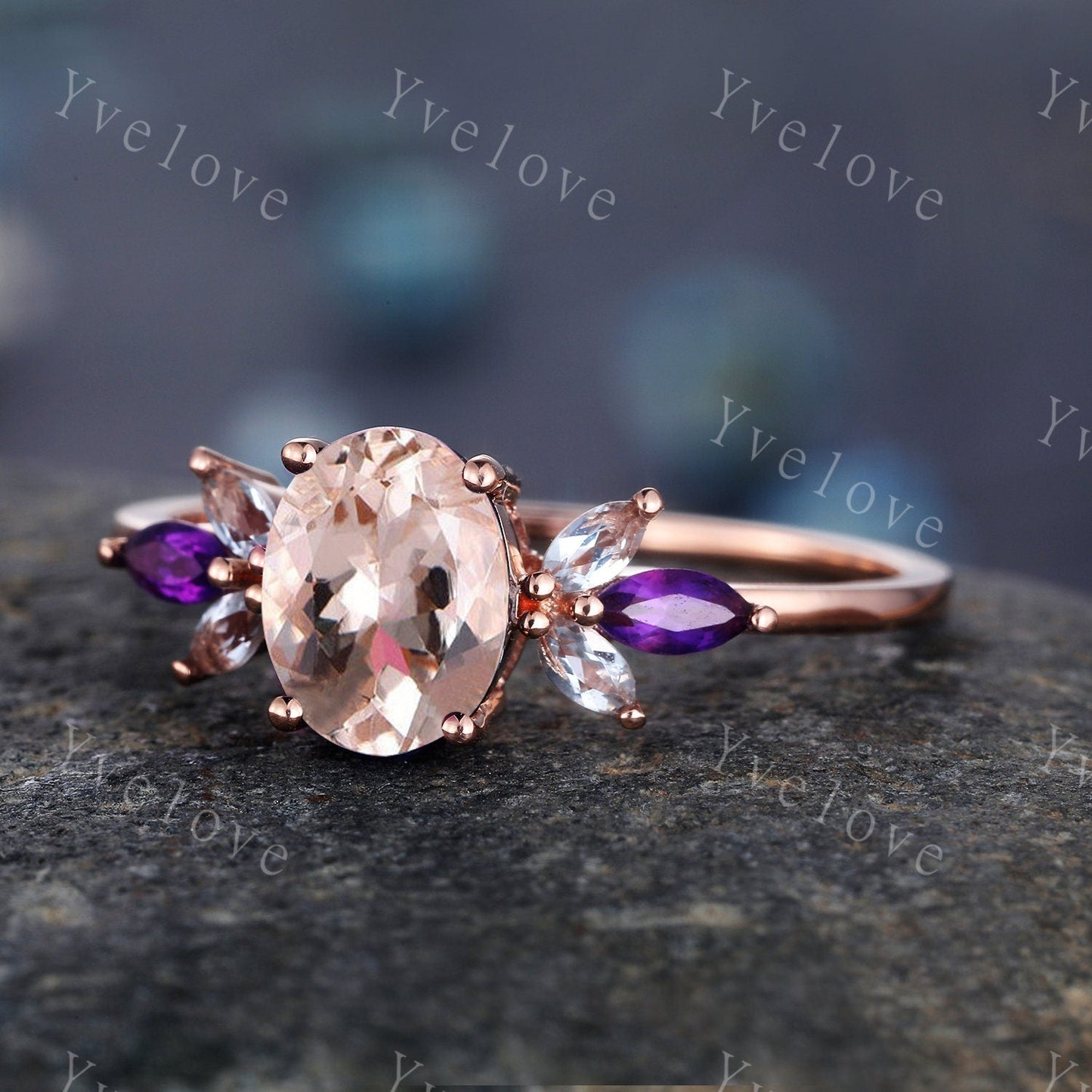 Vintage Morganite Engagement Ring Set Rose Gold Women Moissanite Amethyst Gem Matching Band Bridal Stacking Ring Set Valentines day gift