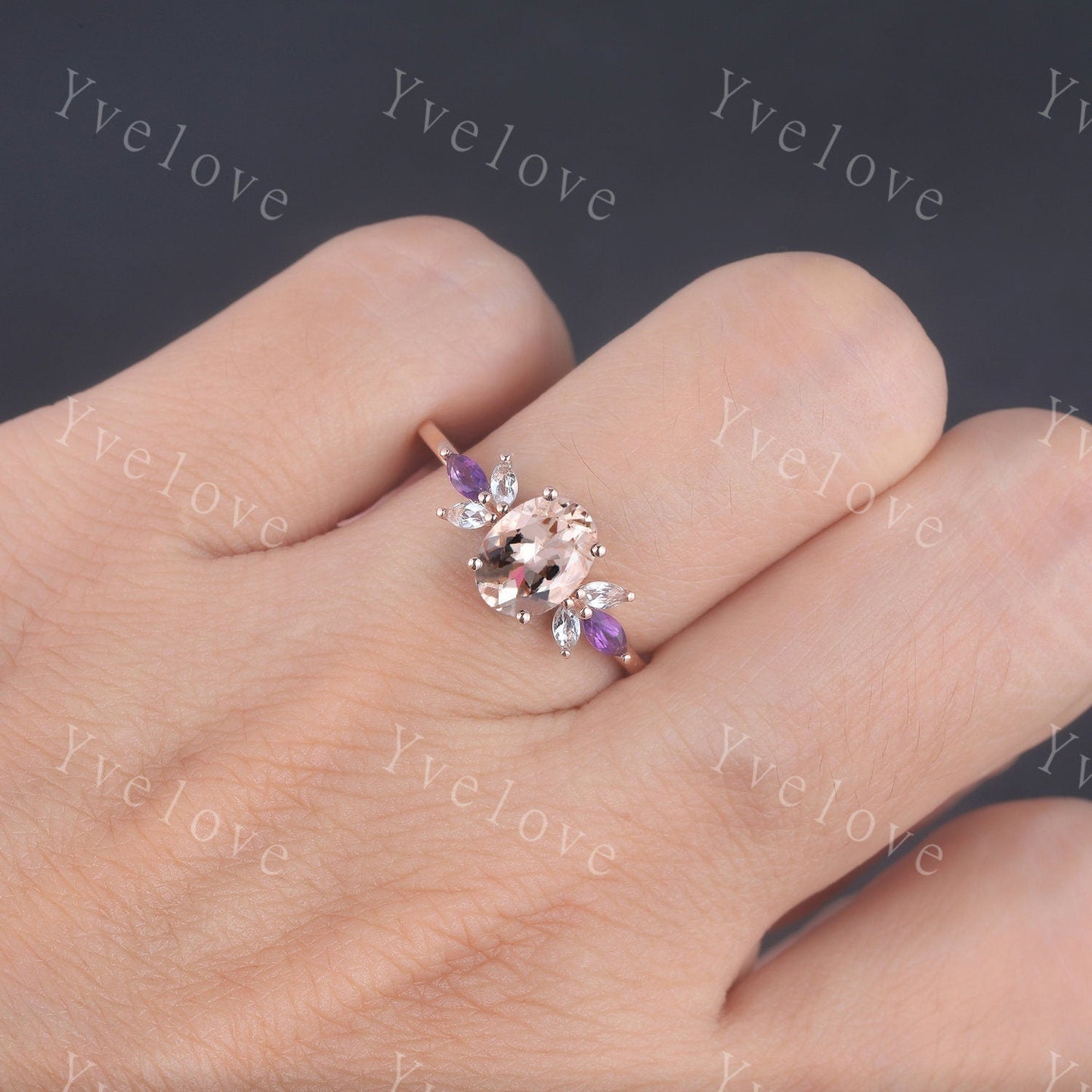 Vintage Morganite Engagement Ring Set Rose Gold Women Moissanite Amethyst Gem Matching Band Bridal Stacking Ring Set Valentines day gift