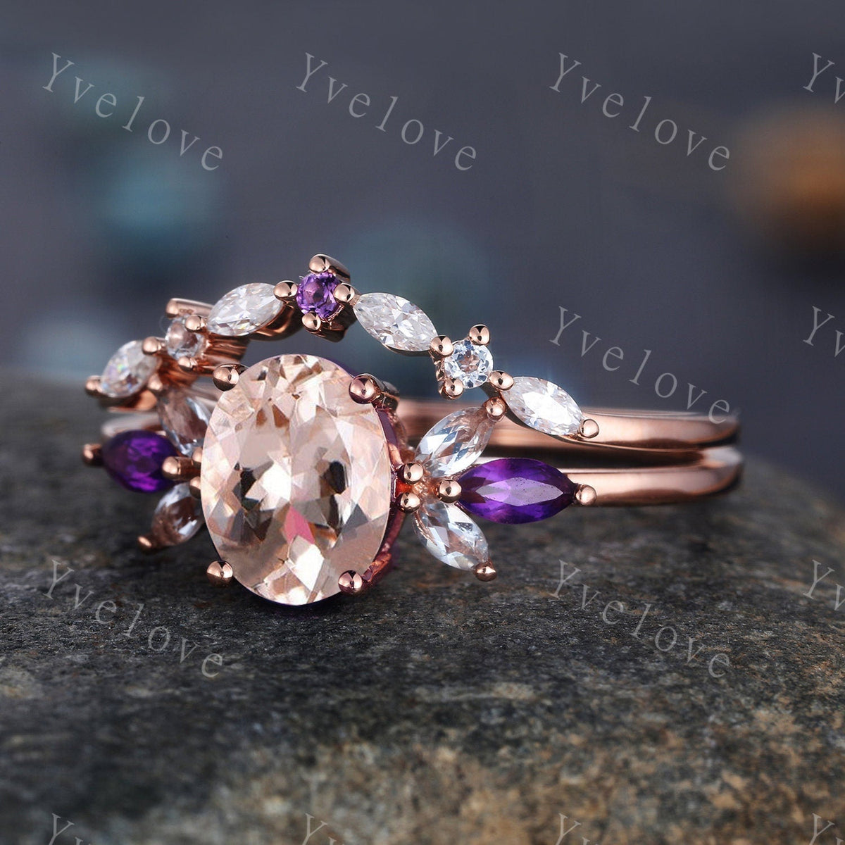 Vintage Morganite Engagement Ring Set Rose Gold Women Moissanite Amethyst Gem Matching Band Bridal Stacking Ring Set Valentines day gift