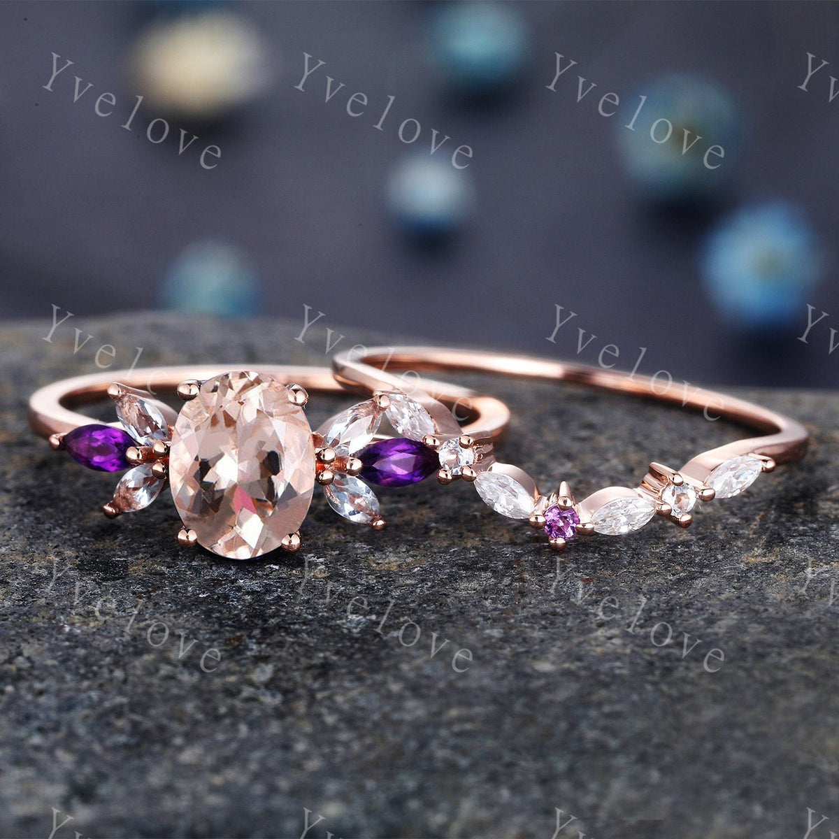 Vintage Morganite Engagement Ring Set Rose Gold Women Moissanite Amethyst Gem Matching Band Bridal Stacking Ring Set Valentines day gift
