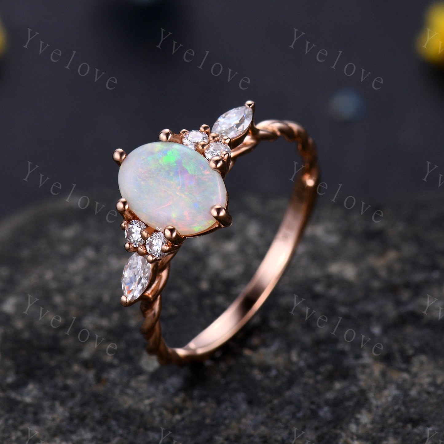 Dainty Natural Oval Cut Opal Ring, Opal Stacking Ring,White Opal Ring,Rose Gold Opal Ring,Delicate Opal Ring,Twisted Band,Bridesmaid Gift