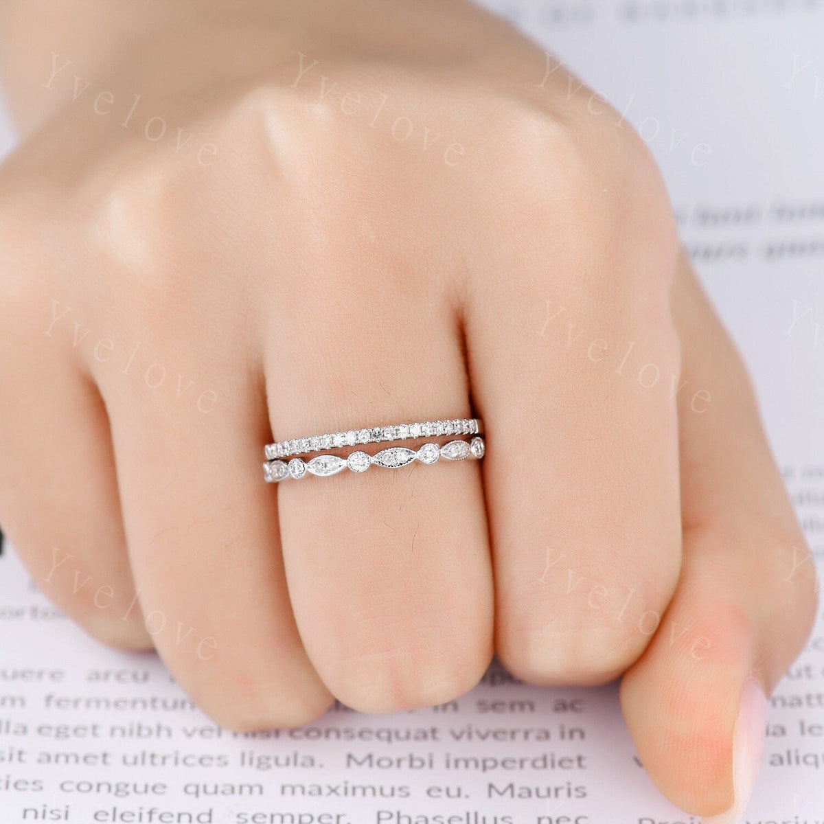 Diamond wedding ring set diamond wedding band solid 14k white gold half eternity ring milgrain wedding band stacking matching band