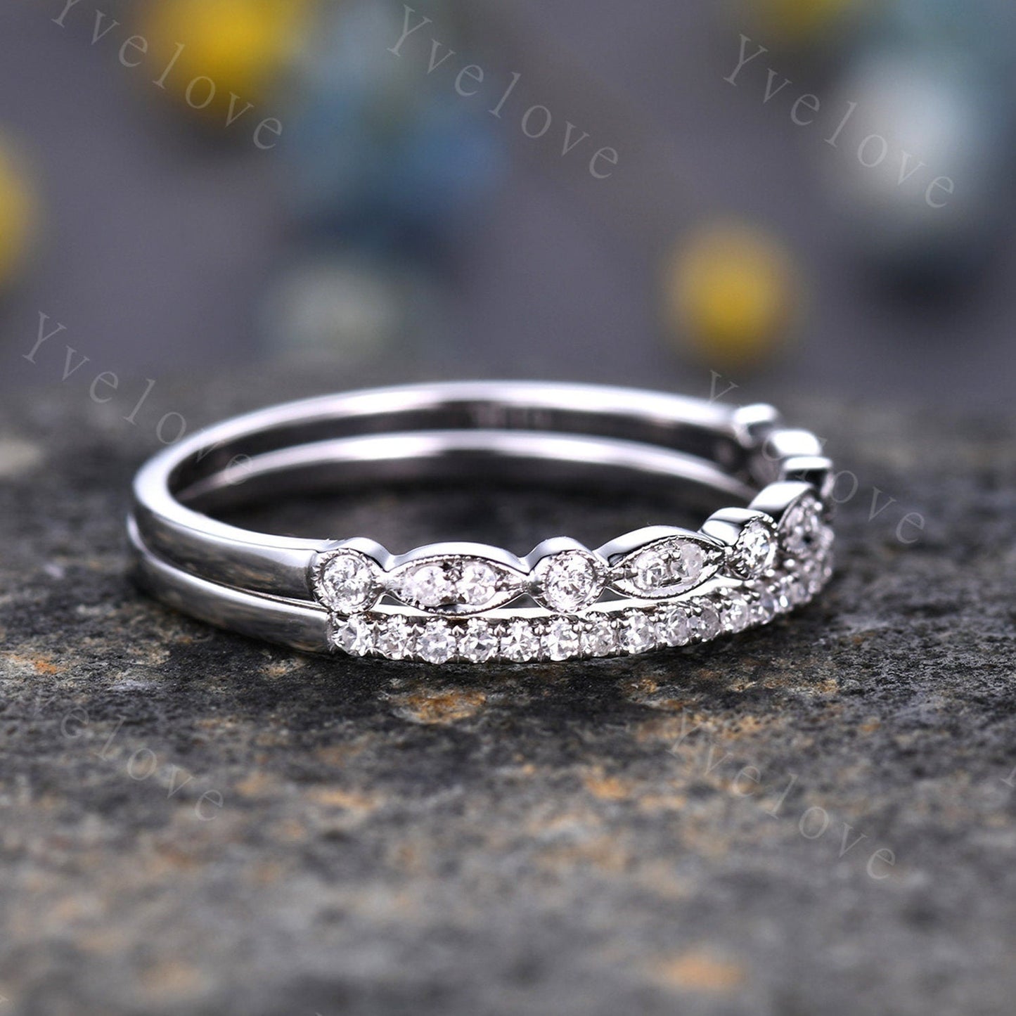 Diamond wedding ring set diamond wedding band solid 14k white gold half eternity ring milgrain wedding band stacking matching band