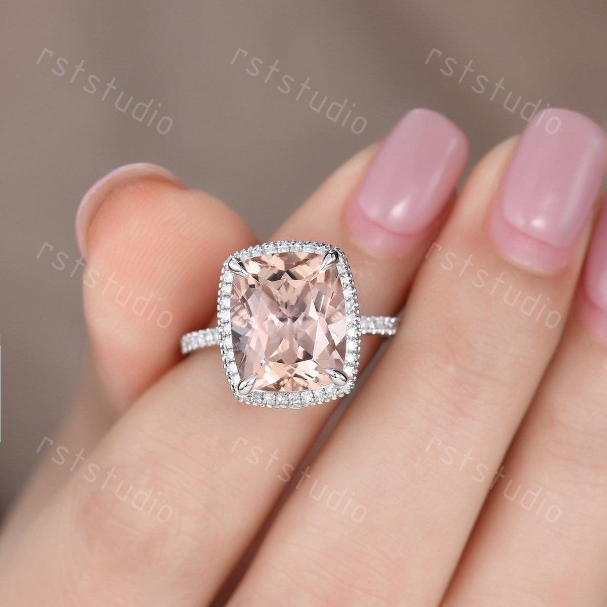 Cushion Cut Morganite Engagement Ring, Diamond Halo, White Gold Band