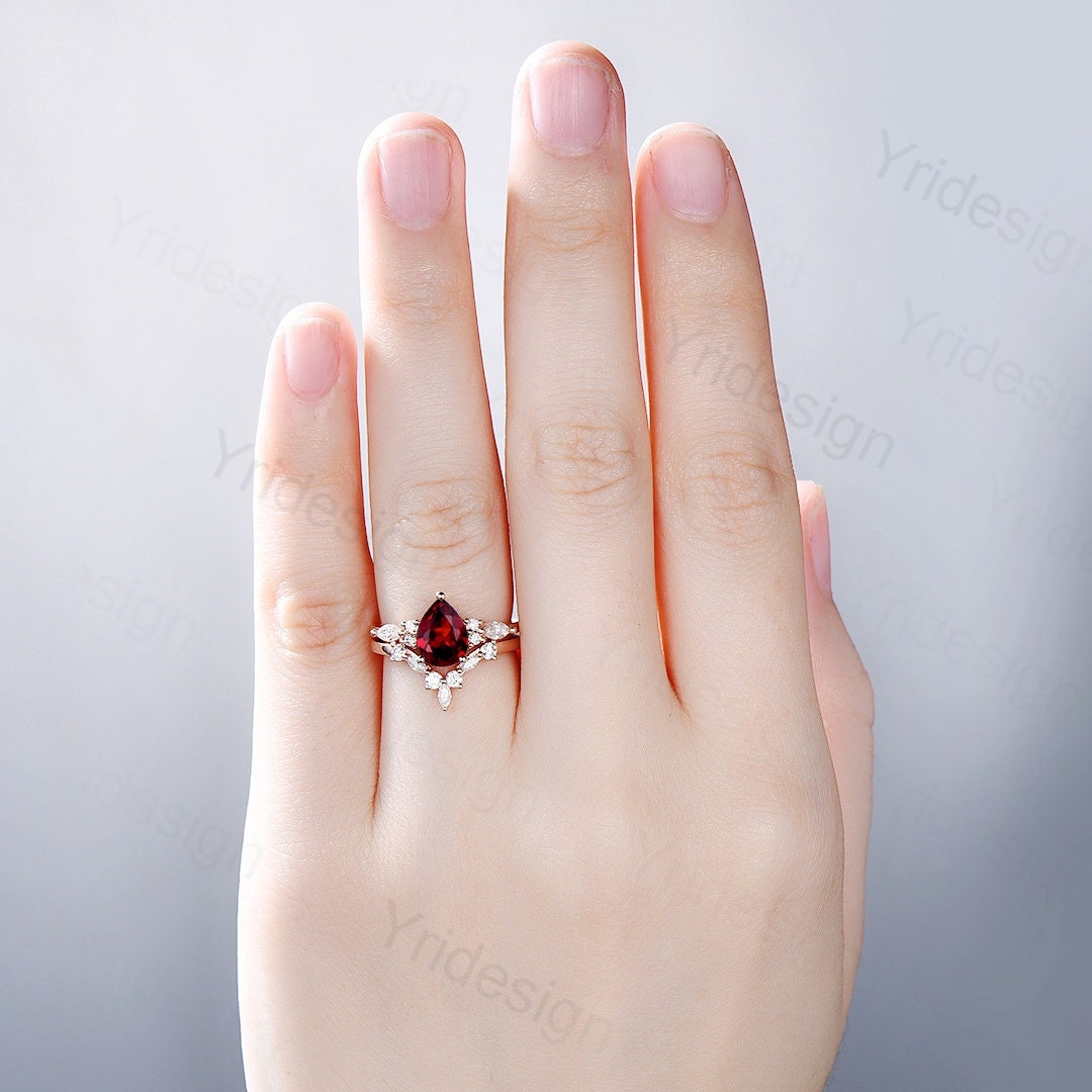 Vintage pear shaped garnet engagement ring set 14k rose gold marquise cut moissanite ring for women unique bridal wedding ring set