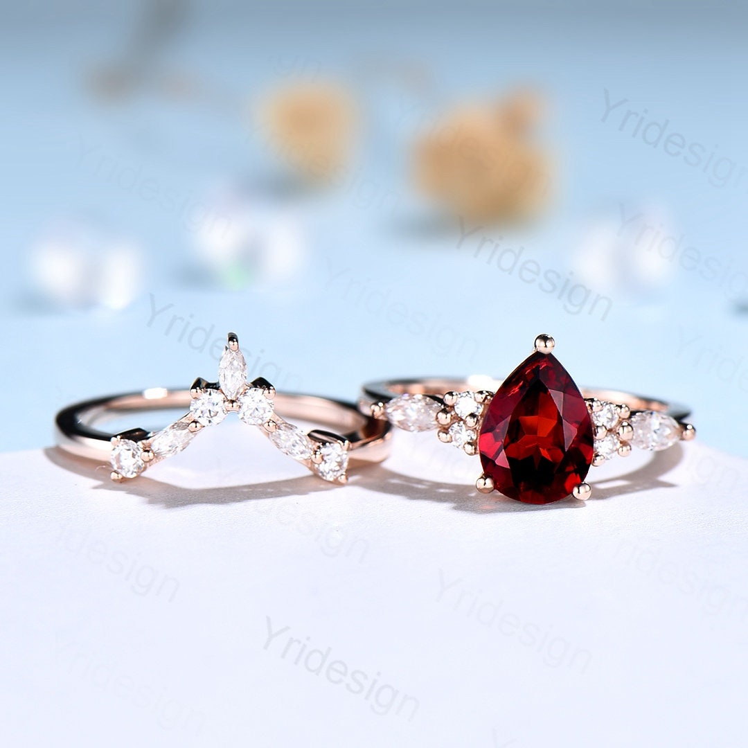 Vintage pear shaped garnet engagement ring set 14k rose gold marquise cut moissanite ring for women unique bridal wedding ring set